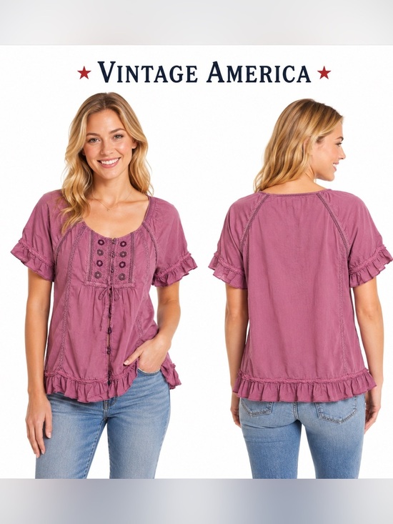 Vintage America Tops - Vintage America Jeans Barrel Button Embroidered Ruffled Hem Blouse Small